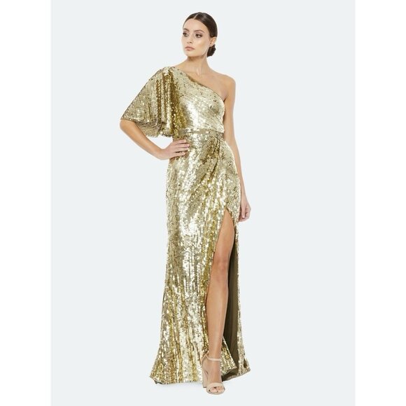 Mac Duggal Size 10 Gold Green 93540 One-Shoulder Sequin Formal Gown Dress New - Picture 1 of 11